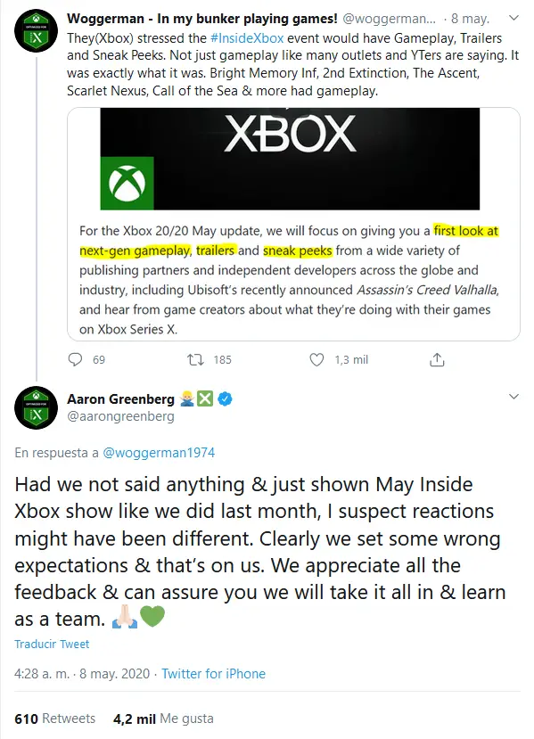 Tweet reacción Aaron Greenberg Xbox Inside